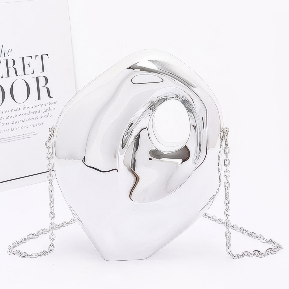 Sculptural Metallic Silver Clutch with Chain Strap